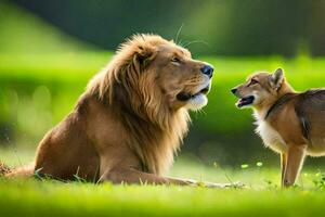 en lejon och en räv i de vild. ai-genererad foto