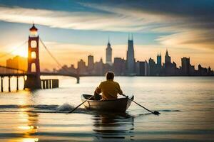 en man rodd en båt i de vatten med de san francisco horisont i de bakgrund. ai-genererad foto