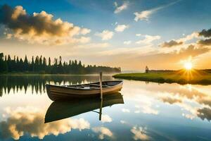 en båt är flytande på de lugna vatten på solnedgång. ai-genererad foto