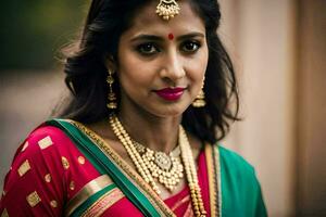 en skön indisk kvinna bär en röd och grön sari. ai-genererad foto