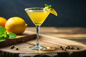 en cocktail med citron- och mynta på en trä- bricka. ai-genererad foto