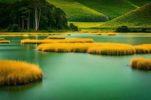 en sjö med vass och gräs i de mitten. ai-genererad foto