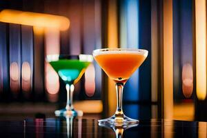 två färgrik cocktails sitta på en tabell i främre av en suddig bakgrund. ai-genererad foto