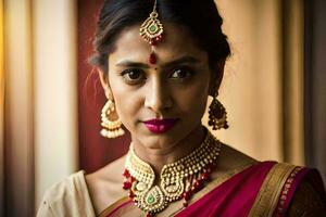 en skön indisk kvinna bär en rosa sari och guld Smycken. ai-genererad foto