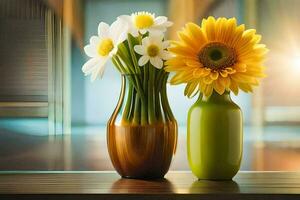 två vaser med blommor Sammanträde på en tabell. ai-genererad foto