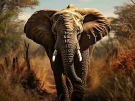elefant gående genom buskar i de djungel ai generativ foto