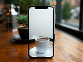smartphone attrapp på trä skrivbord med isolerat bakgrund ai generativ foto