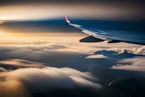 ett flygplan vinge är sett flygande över moln. ai-genererad foto
