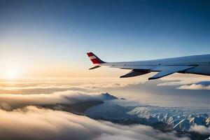 ett flygplan vinge flygande över de bergen och moln. ai-genererad foto