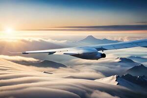 ett flygplan flygande över de bergen på solnedgång. ai-genererad foto