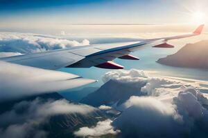 ett flygplan vinge flygande över en berg räckvidd. ai-genererad foto