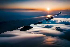 de vinge av ett flygplan är sett flygande över moln. ai-genererad foto