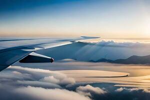 ett flygplan vinge är flygande över de moln. ai-genererad foto