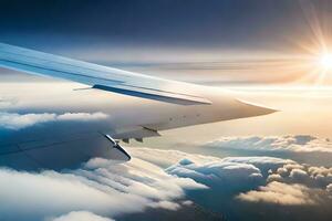 ett flygplan vinge är flygande ovan de moln. ai-genererad foto