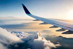 ett flygplan vinge flygande över en berg räckvidd. ai-genererad foto