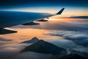 ett flygplan vinge är flygande över de moln. ai-genererad foto