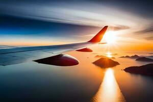 ett flygplan vinge flygande över de hav på solnedgång. ai-genererad foto