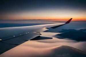 ett flygplan vinge är flygande över de moln. ai-genererad foto