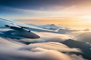 ett flygplan vinge flygande över de moln. ai-genererad foto