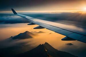 ett flygplan vinge är flygande över bergen och moln. ai-genererad foto