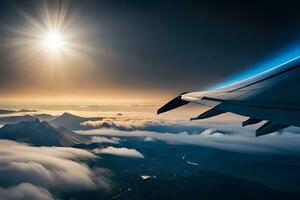 ett flygplan vinge är flygande över en berg räckvidd. ai-genererad foto