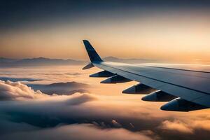 ett flygplan vinge är sett flygande över de moln. ai-genererad foto