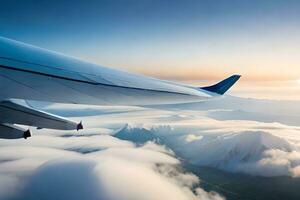 ett flygplan vinge är flygande över en berg räckvidd. ai-genererad foto