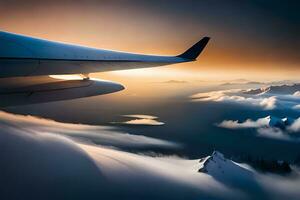 ett flygplan vinge är flygande över de moln. ai-genererad foto