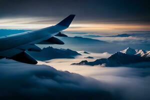 ett flygplan vinge flygande över de moln. ai-genererad foto