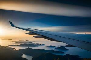 ett flygplan vinge flygande över bergen och vatten. ai-genererad foto