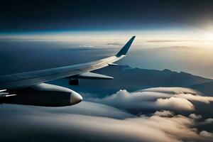 ett flygplan vinge flygande över moln och berg. ai-genererad foto