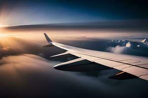 ett flygplan vinge flygande över moln på solnedgång. ai-genererad foto