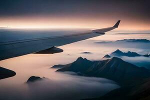 ett flygplan vinge är flygande över bergen och moln. ai-genererad foto