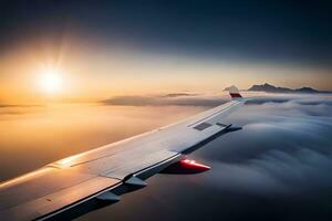 ett flygplan vinge flygande över de moln på solnedgång. ai-genererad foto