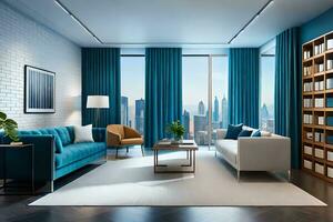 en modern levande rum med blå gardiner och en se av de stad. ai-genererad foto
