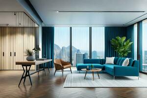 modern levande rum med blå möbel och trä- golv. ai-genererad foto