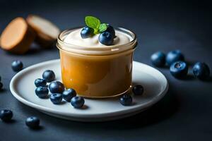 blåbär yoghurt med mynta löv på en mörk bakgrund. ai-genererad foto