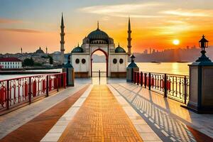 de Sol uppsättningar över en bro med en moské i de bakgrund. ai-genererad foto