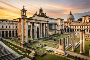 de roman forum på solnedgång. ai-genererad foto