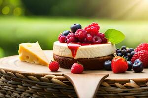 cheesecake med bär och ost på en trä- tabell. ai-genererad foto