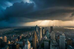 en stormig himmel över ny york stad. ai-genererad foto