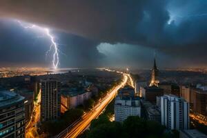 blixt- strejker över en stad på natt. ai-genererad foto