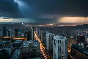 en storm är sett över en stad med lång byggnader. ai-genererad foto