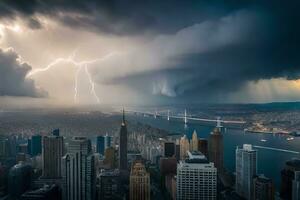 en storm är sett över ny york stad med blixt. ai-genererad foto