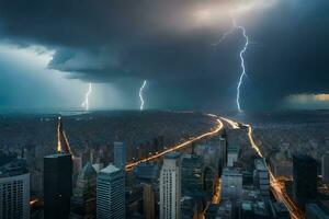 blixt- strejker över ny york stad. ai-genererad foto
