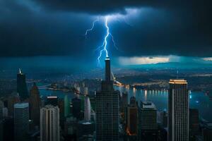 blixt- strejker över ny york stad horisont. ai-genererad foto