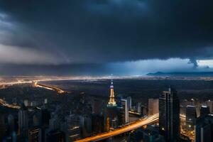 en stormig natt över en stad med en stad horisont i de bakgrund. ai-genererad foto