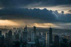 en stormig himmel över ny york stad. ai-genererad foto