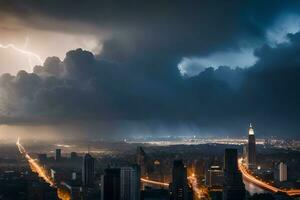 en stormig natt över ny york stad. ai-genererad foto