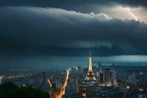 en stormig himmel över paris med blixt- och en torn. ai-genererad foto